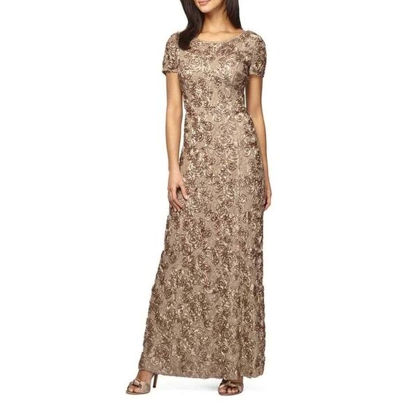 Alex Evenings Maxi Dress Champagne Sequined Floral Short Sleeve Plus Size 16 NEW - Picture 1 of 6
